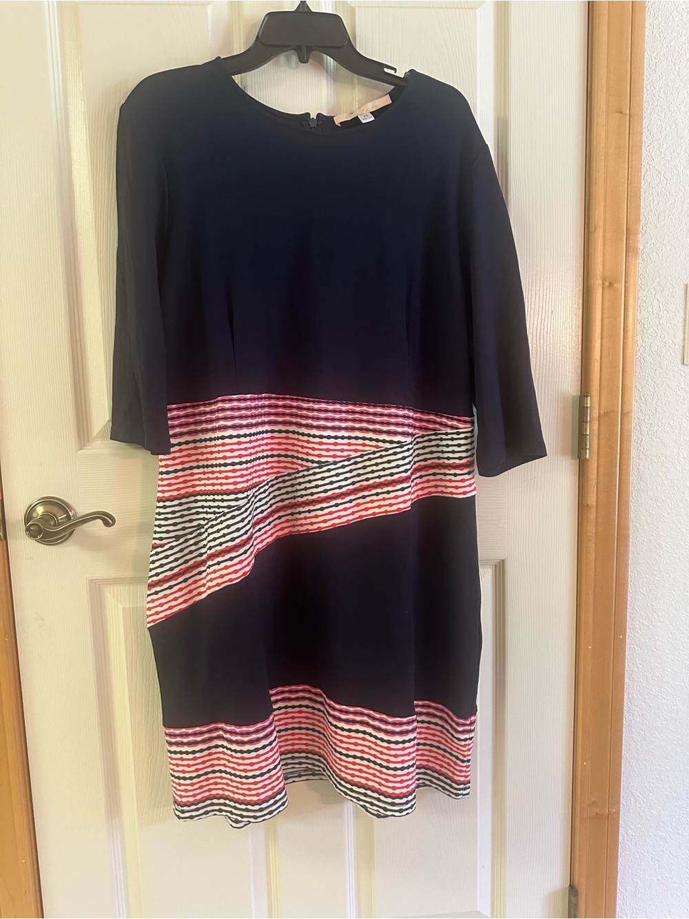 Navy Shift Dress with Pink & White Striped Accents